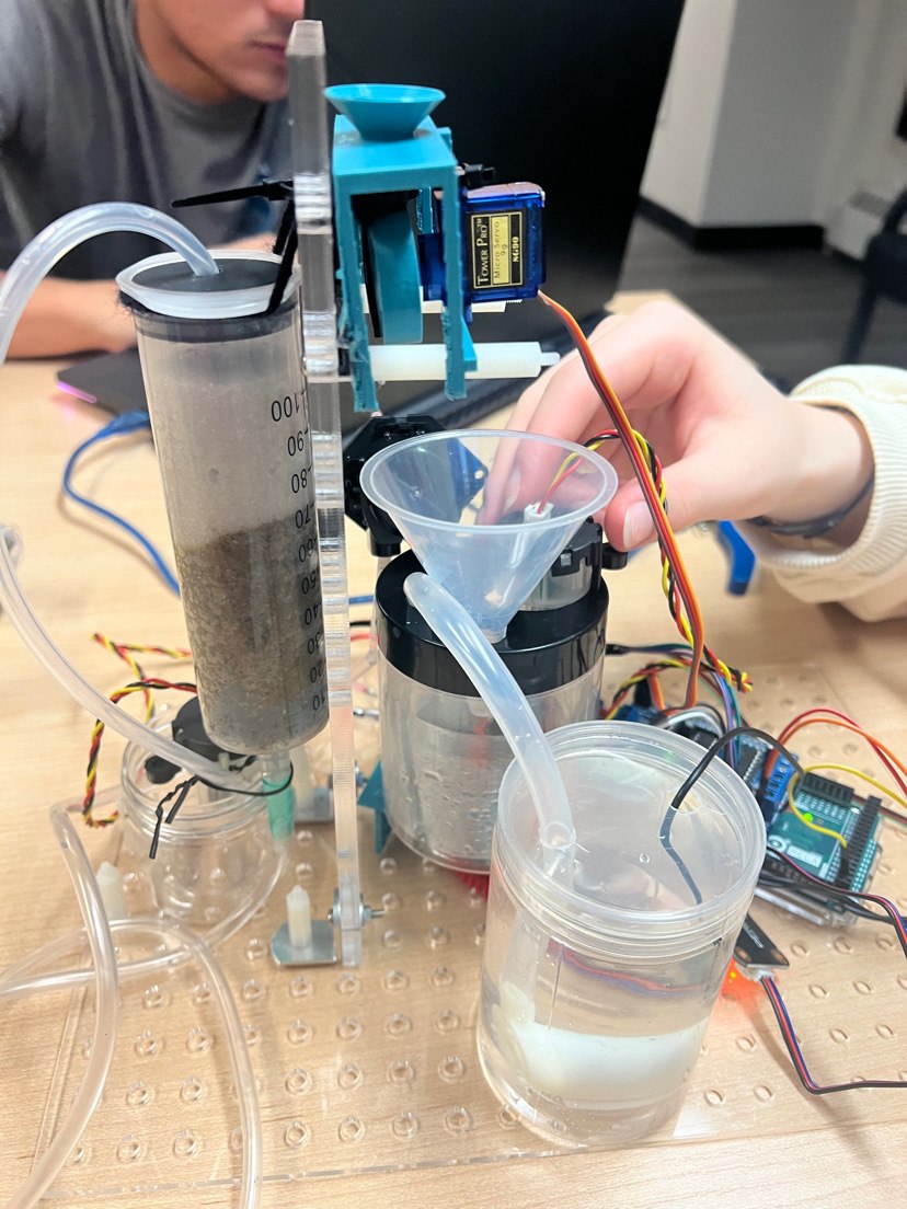 Dirty water in the filtration column beside the clean output